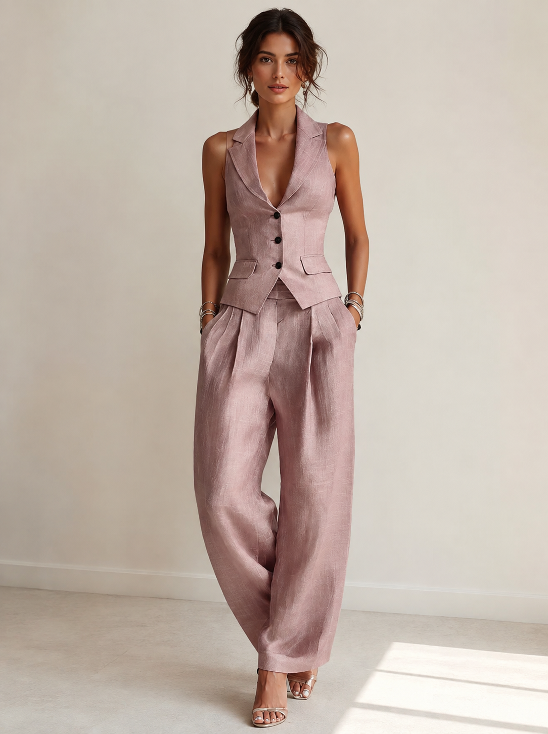 Samira|  Elegante Traje de Dos Piezas con Cuello en V y Botones