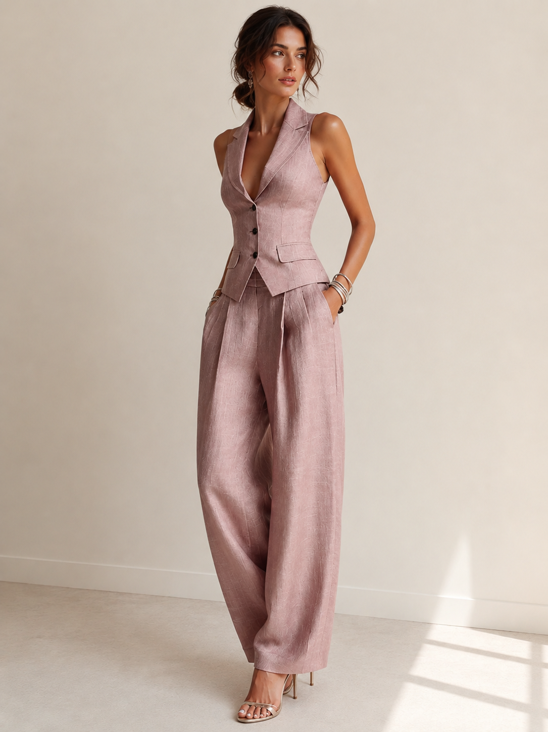Samira|  Elegante Traje de Dos Piezas con Cuello en V y Botones