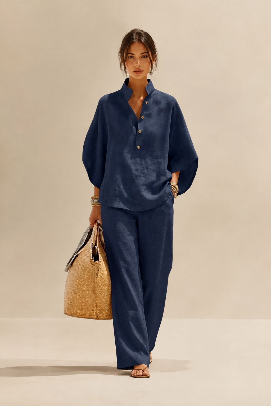 Maribel | Conjunto de Lino con Mangas de Murciélago y Pantalones Anchos