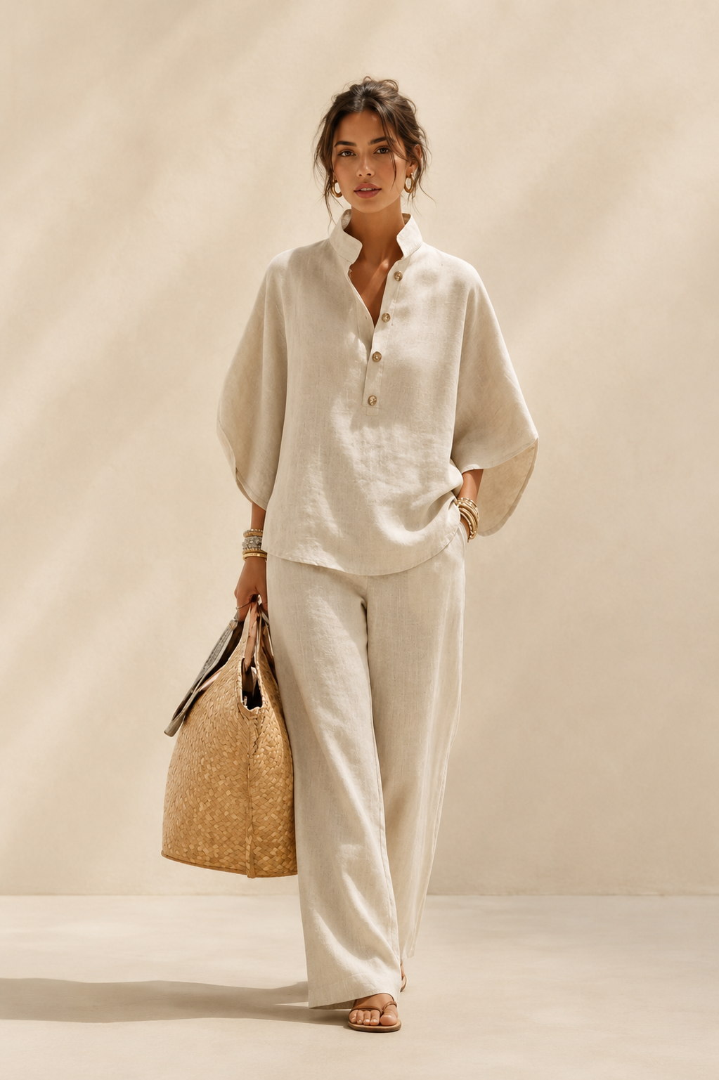 Maribel | Conjunto de Lino con Mangas de Murciélago y Pantalones Anchos