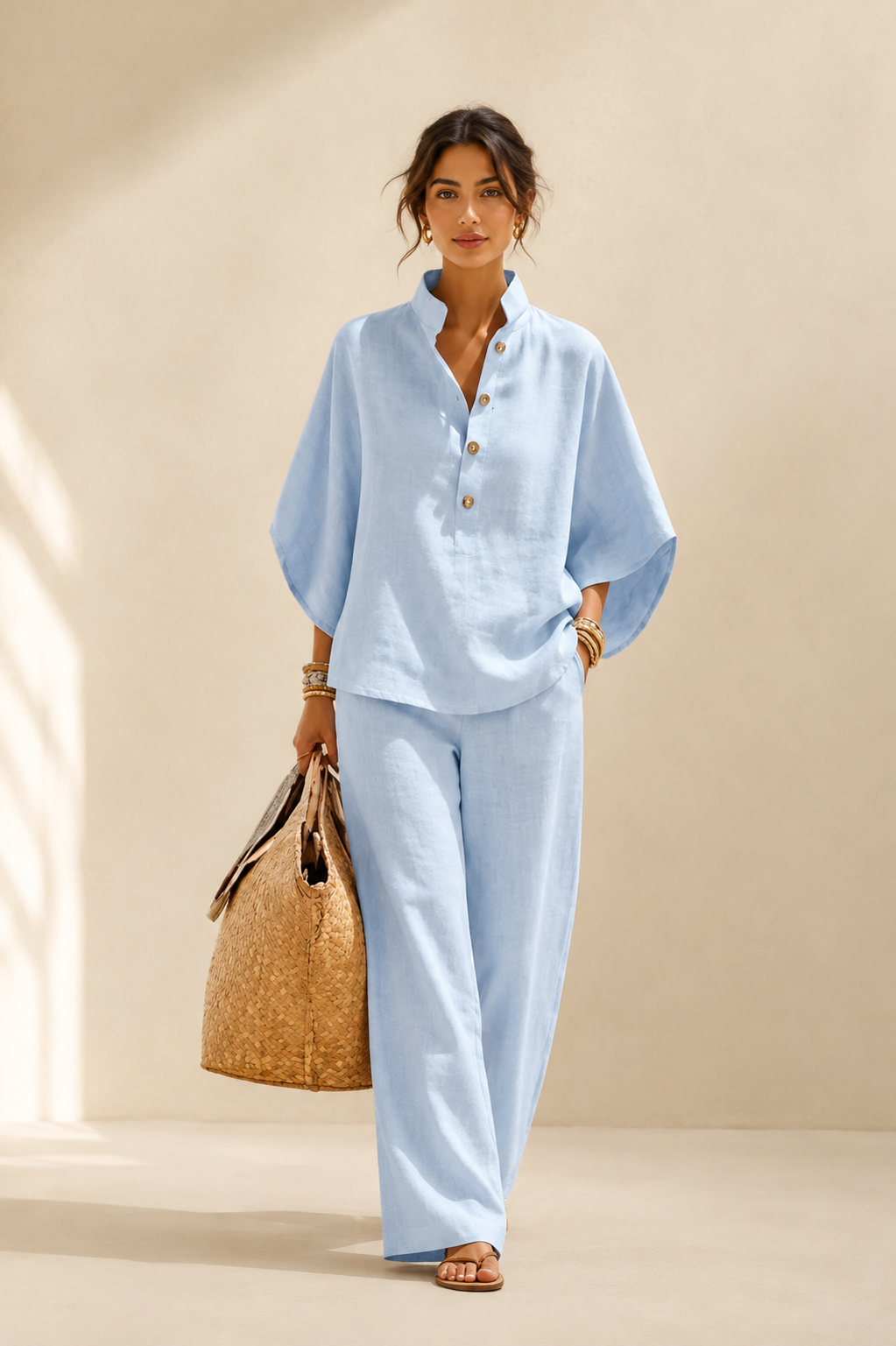 Maribel | Conjunto de Lino con Mangas de Murciélago y Pantalones Anchos
