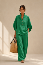 Maribel | Conjunto de Lino con Mangas de Murciélago y Pantalones Anchos