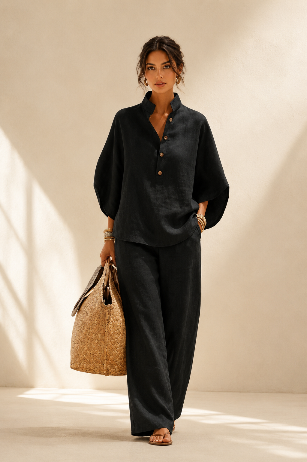 Maribel | Conjunto de Lino con Mangas de Murciélago y Pantalones Anchos