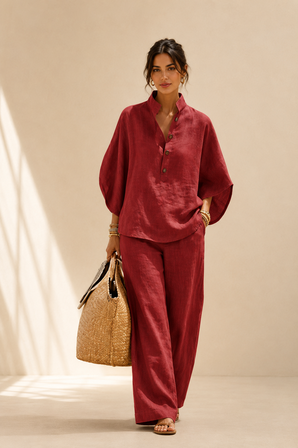 Maribel | Conjunto de Lino con Mangas de Murciélago y Pantalones Anchos