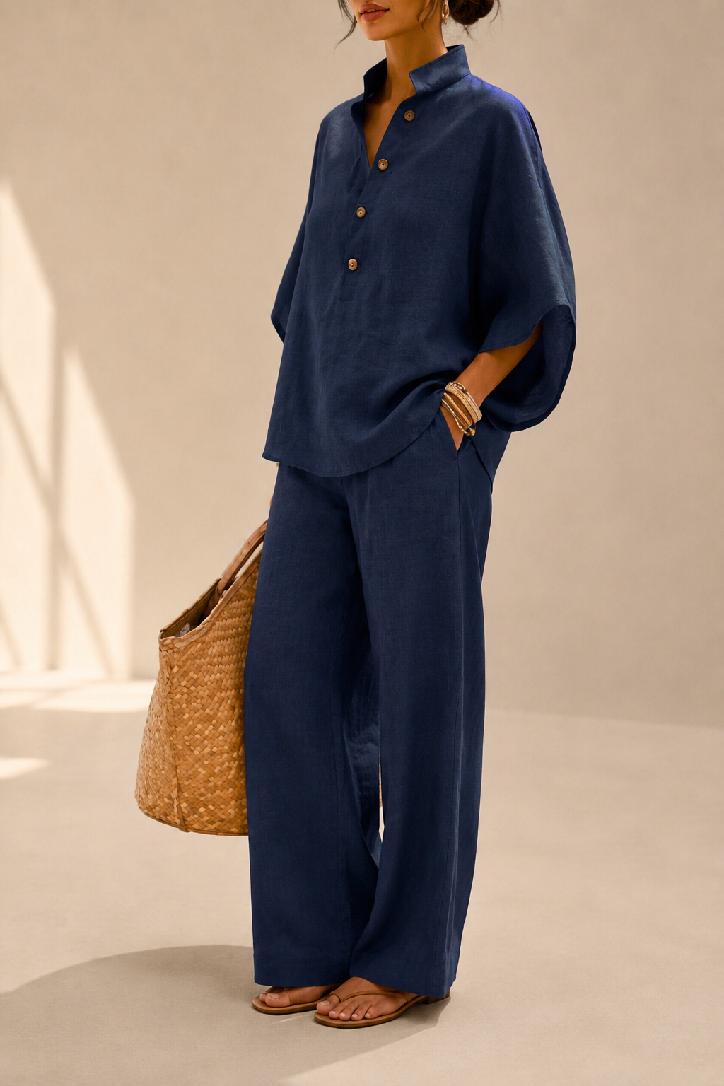 Maribel | Conjunto de Lino con Mangas de Murciélago y Pantalones Anchos