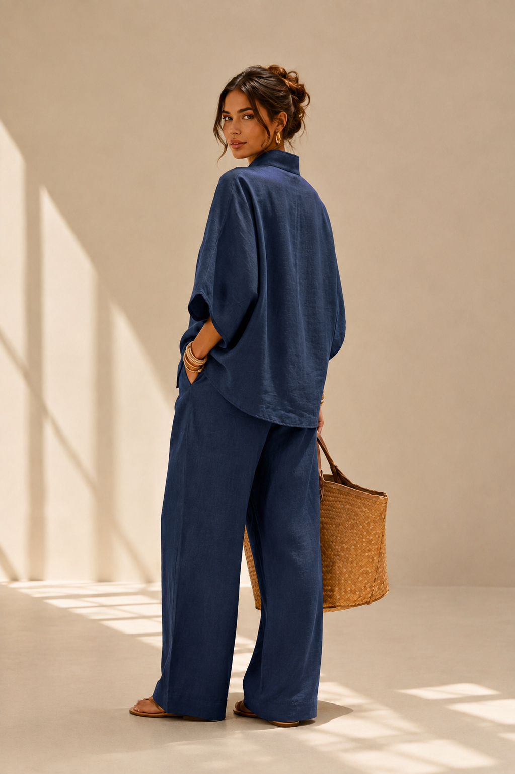 Maribel | Conjunto de Lino con Mangas de Murciélago y Pantalones Anchos