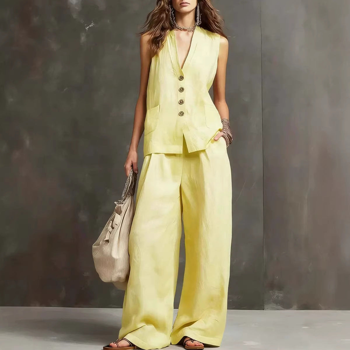 Conjunto de Dos Piezas de Algodón y Lino con Chaleco sin Mangas y Pantalón Ancho