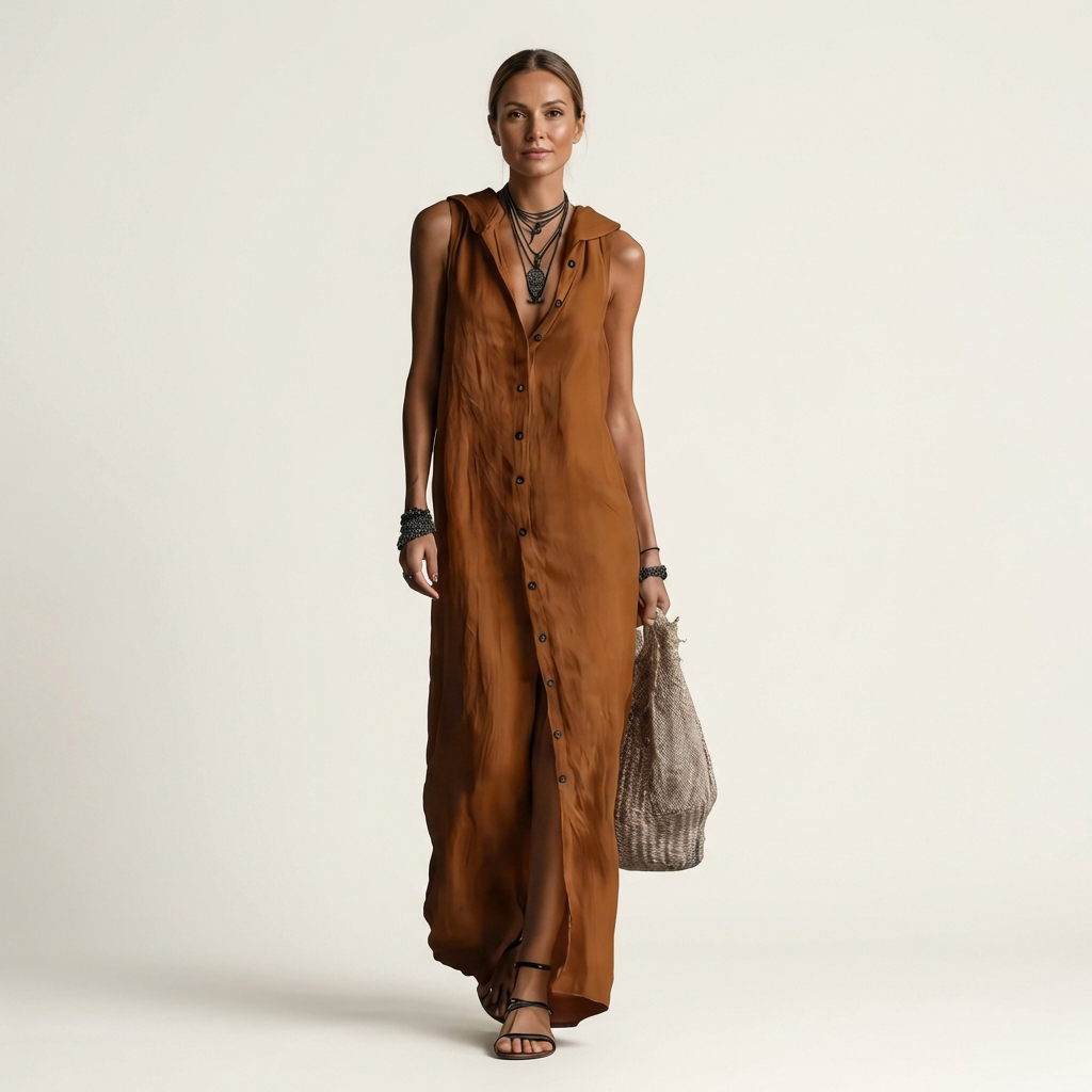 Mirabell | Vestido Largo sin Mangas de Lino, con Capucha y Botones en la Parte Delantera