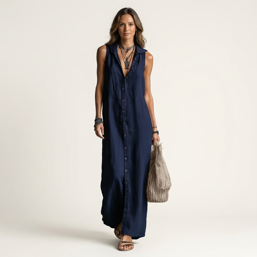 Mirabell | Vestido Largo sin Mangas de Lino, con Capucha y Botones en la Parte Delantera