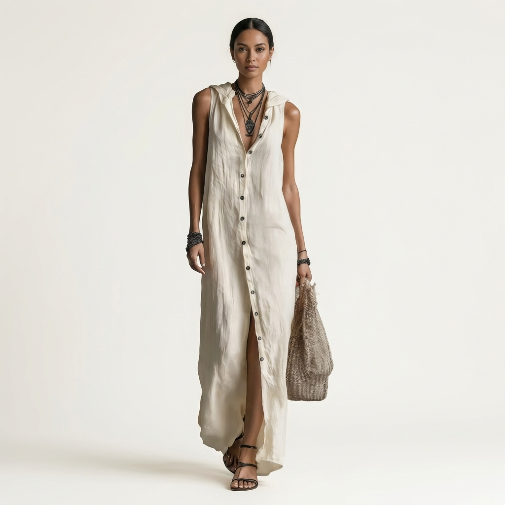 Mirabell | Vestido Largo sin Mangas de Lino, con Capucha y Botones en la Parte Delantera