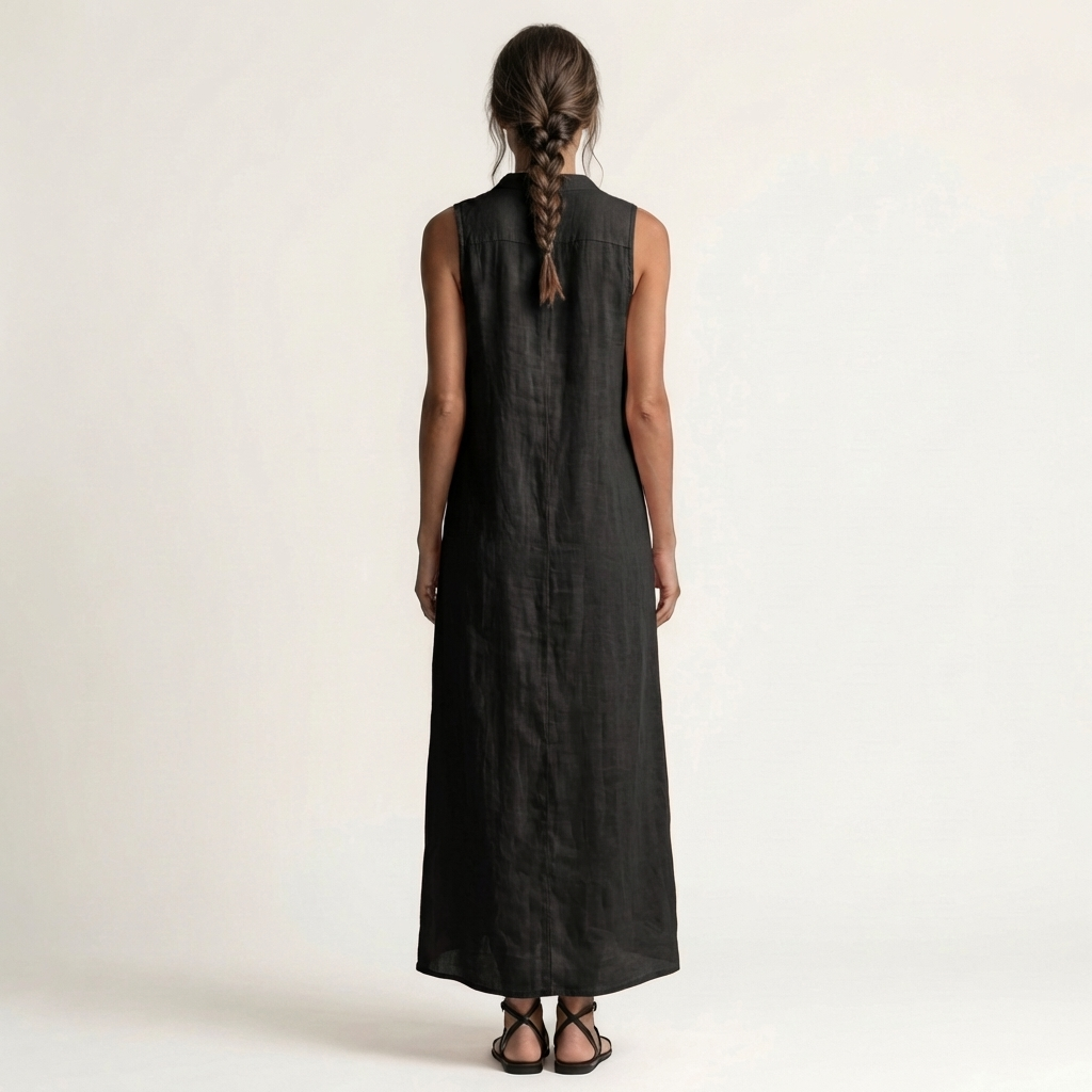 Mirabell | Vestido Largo sin Mangas de Lino, con Capucha y Botones en la Parte Delantera