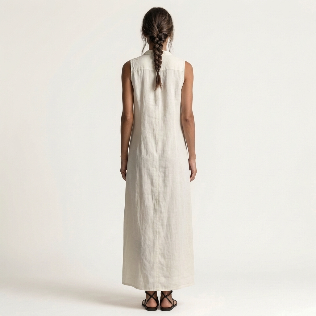 Mirabell | Vestido Largo sin Mangas de Lino, con Capucha y Botones en la Parte Delantera