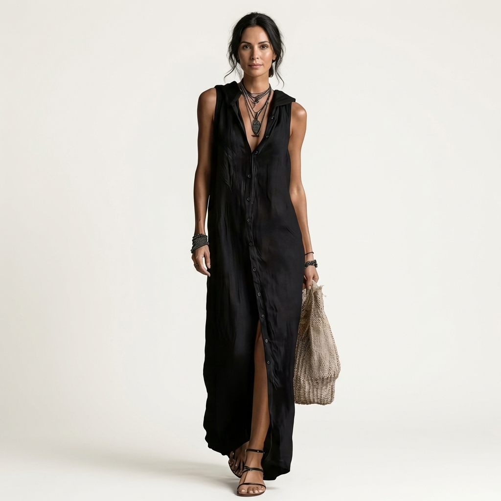 Mirabell | Vestido Largo sin Mangas de Lino, con Capucha y Botones en la Parte Delantera