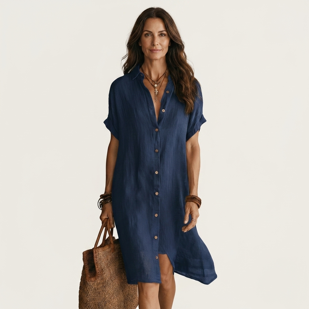 Natalia | Vestido-Camisa Midi de Algodón y Lino con Puños Enrollados