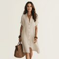 Natalia | Vestido-Camisa Midi de Algodón y Lino con Puños Enrollados