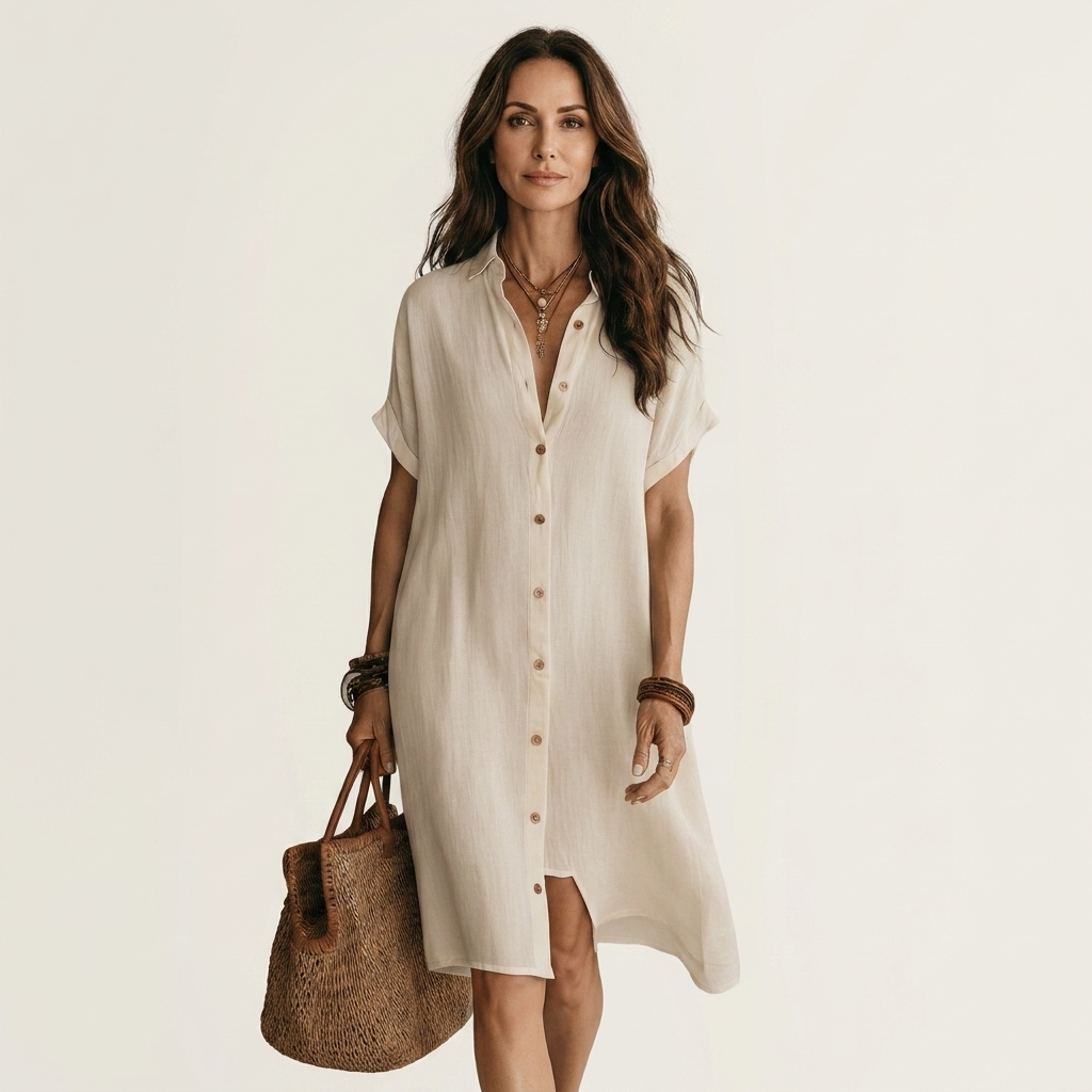 Natalia | Vestido-Camisa Midi de Algodón y Lino con Puños Enrollados