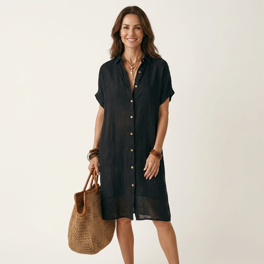 Natalia | Vestido-Camisa Midi de Algodón y Lino con Puños Enrollados