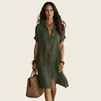 Natalia | Vestido-Camisa Midi de Algodón y Lino con Puños Enrollados