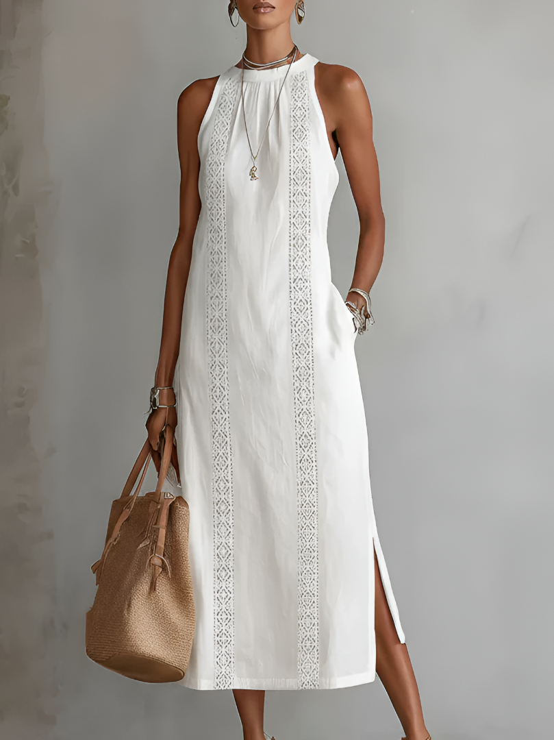 Jimena | Vestido Midi de Lino con Cuello Coreano