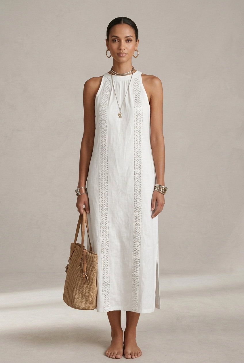 Jimena | Vestido Midi de Lino con Cuello Coreano