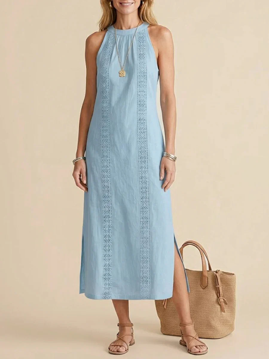 Jimena | Vestido Midi de Lino con Cuello Coreano