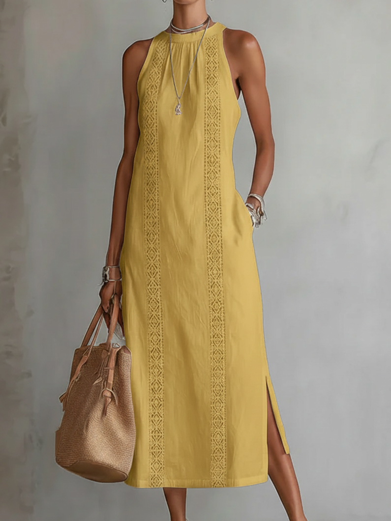 Jimena | Vestido Midi de Lino con Cuello Coreano