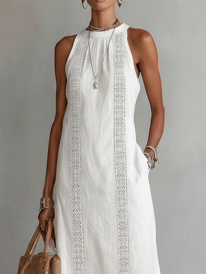 Jimena | Vestido Midi de Lino con Cuello Coreano
