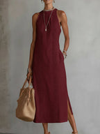 Jimena | Vestido Midi de Lino con Cuello Coreano