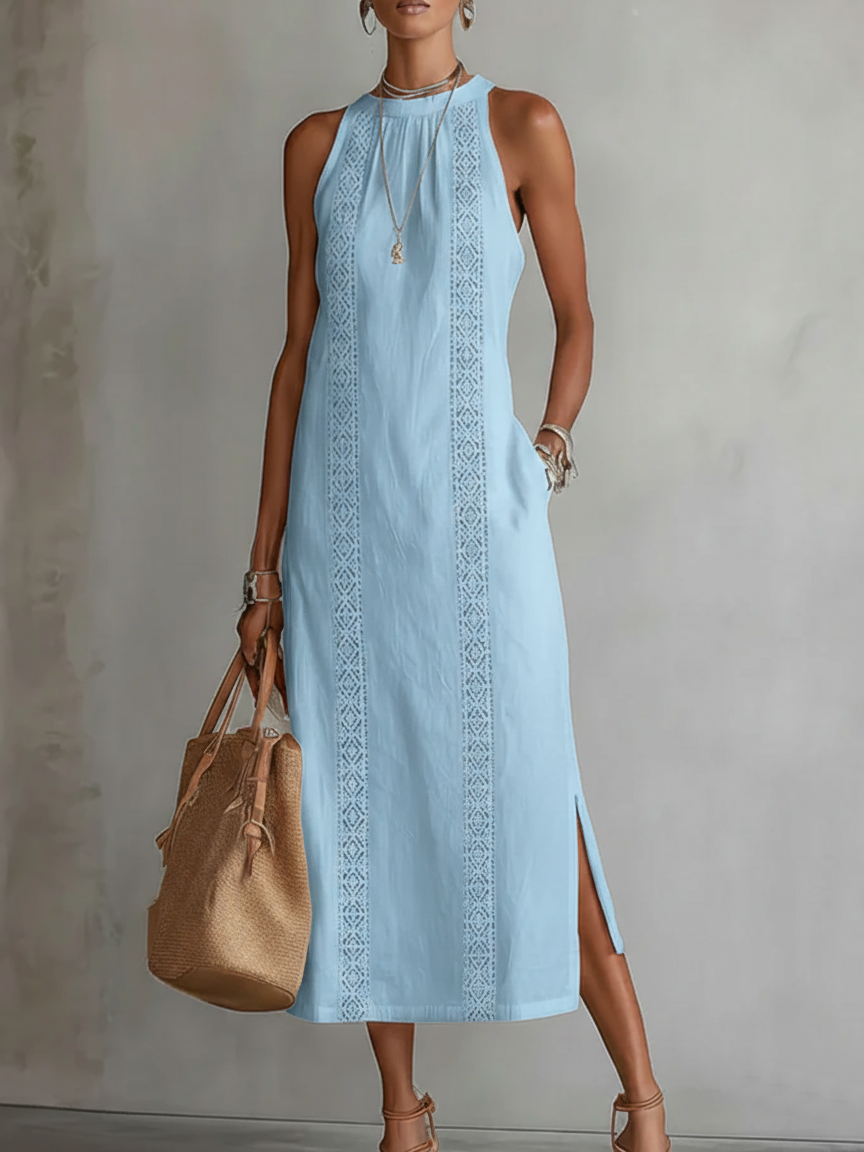 Jimena | Vestido Midi de Lino con Cuello Coreano