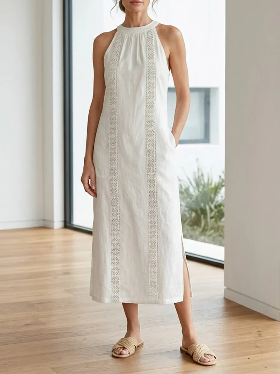 Jimena | Vestido Midi de Lino con Cuello Coreano