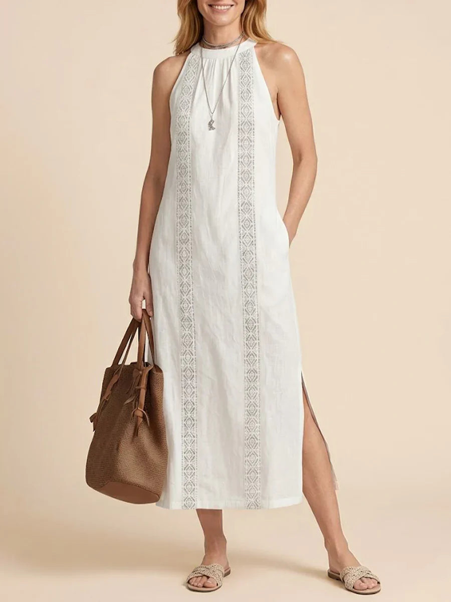 Jimena | Vestido Midi de Lino con Cuello Coreano
