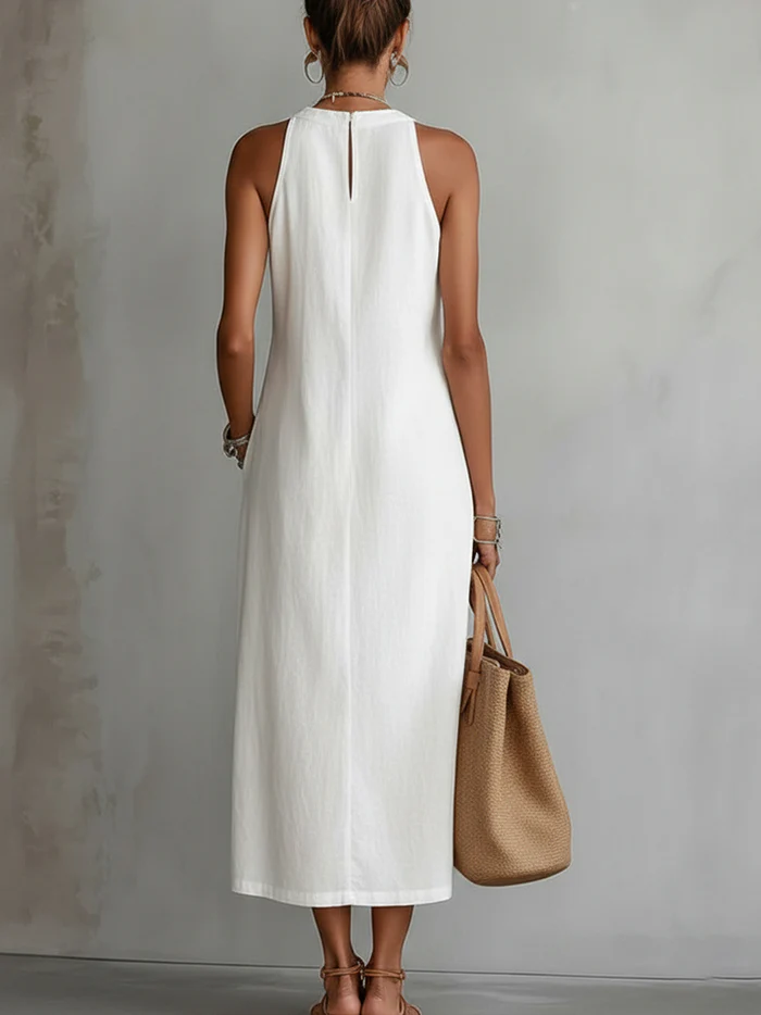 Jimena | Vestido Midi de Lino con Cuello Coreano
