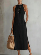 Jimena | Vestido Midi de Lino con Cuello Coreano