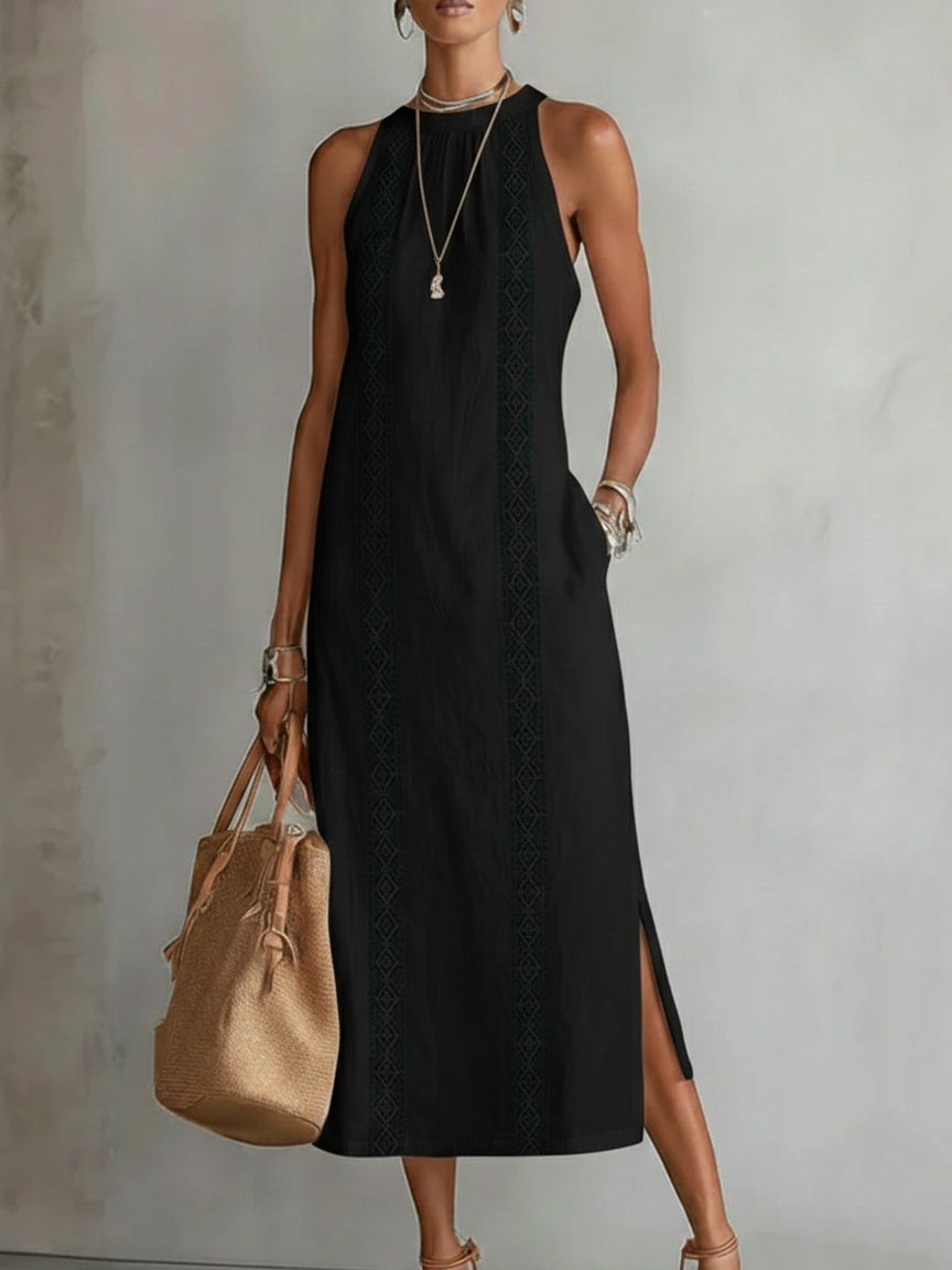 Jimena | Vestido Midi de Lino con Cuello Coreano